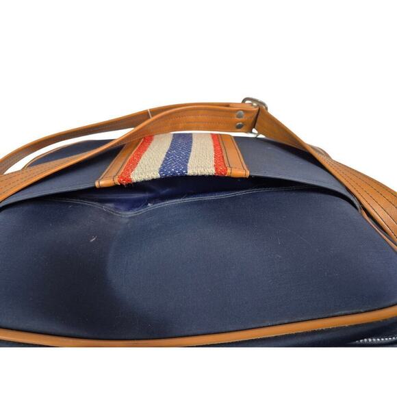 VTG American Luggage Striped Travel Bag Adjustable Strap Blue Brown Vinyl Trim - Picture 4 of 9